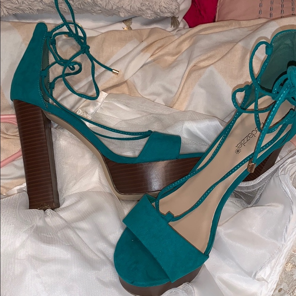 Blue block heels